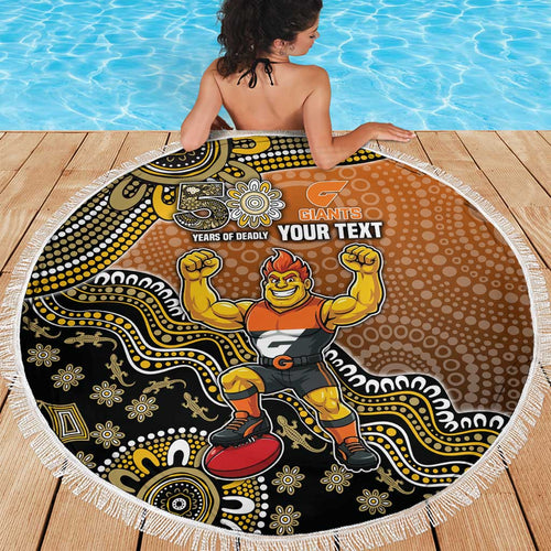 Personalized Giants Football Mascot Beach Blanket Aboriginal Dot Art Style Vibrant Indigenous Pattern Design