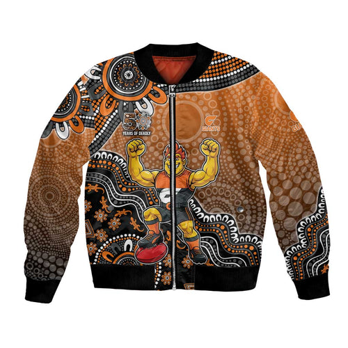 Personalized Giants Football Mascot Bomber Jacket Aboriginal Dot Art Style Vibrant Indigenous Pattern Design