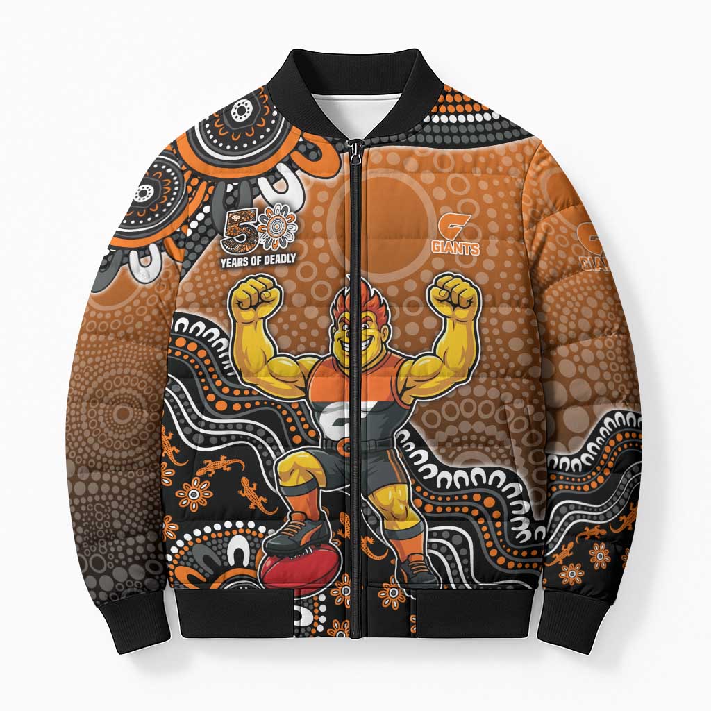 Personalized Giants Football Mascot Bomber Puffer Jacket Aboriginal Dot Art Style Vibrant Indigenous Pattern Design