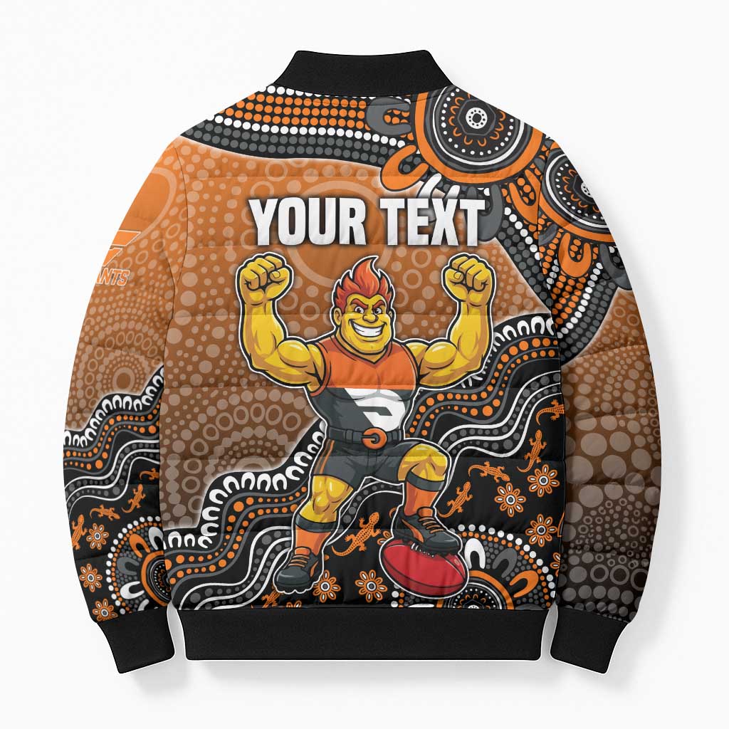 Personalized Giants Football Mascot Bomber Puffer Jacket Aboriginal Dot Art Style Vibrant Indigenous Pattern Design