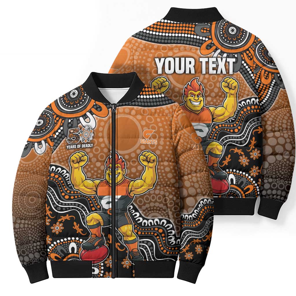 Personalized Giants Football Mascot Bomber Puffer Jacket Aboriginal Dot Art Style Vibrant Indigenous Pattern Design