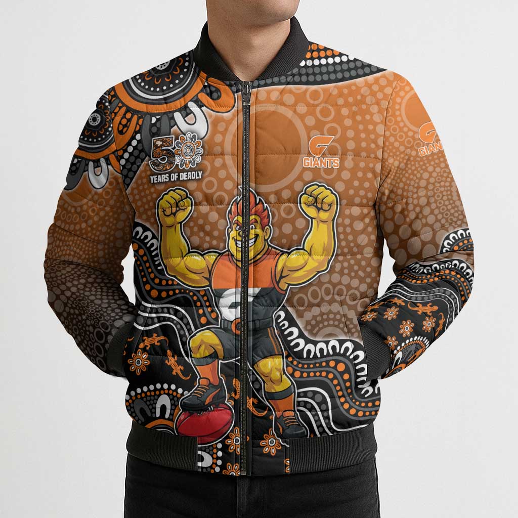 Personalized Giants Football Mascot Bomber Puffer Jacket Aboriginal Dot Art Style Vibrant Indigenous Pattern Design