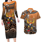 Personalized Giants Football Mascot Couples Matching Long Sleeve Bodycon Dress and Hawaiian Shirt Aboriginal Dot Art Style Vibrant Indigenous Pattern Design