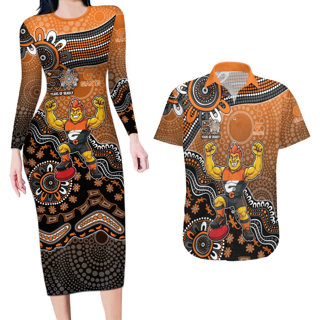 Personalized Giants Football Mascot Couples Matching Long Sleeve Bodycon Dress and Hawaiian Shirt Aboriginal Dot Art Style Vibrant Indigenous Pattern Design