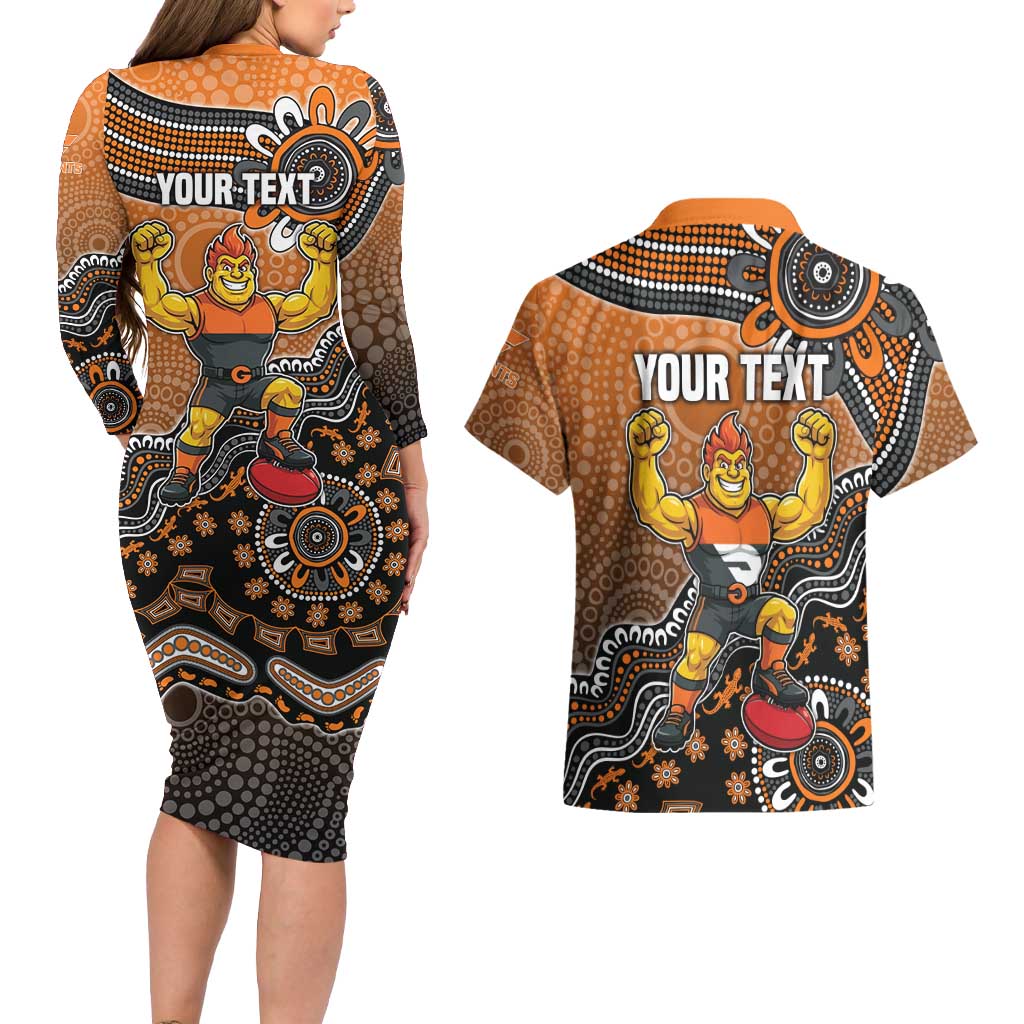 Personalized Giants Football Mascot Couples Matching Long Sleeve Bodycon Dress and Hawaiian Shirt Aboriginal Dot Art Style Vibrant Indigenous Pattern Design