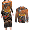 Personalized Giants Football Mascot Couples Matching Long Sleeve Bodycon Dress and Long Sleeve Button Shirt Aboriginal Dot Art Style Vibrant Indigenous Pattern Design