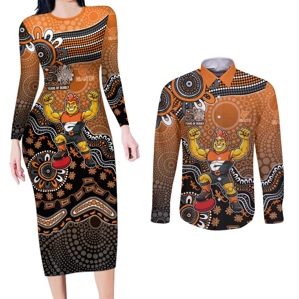 Personalized Giants Football Mascot Couples Matching Long Sleeve Bodycon Dress and Long Sleeve Button Shirt Aboriginal Dot Art Style Vibrant Indigenous Pattern Design