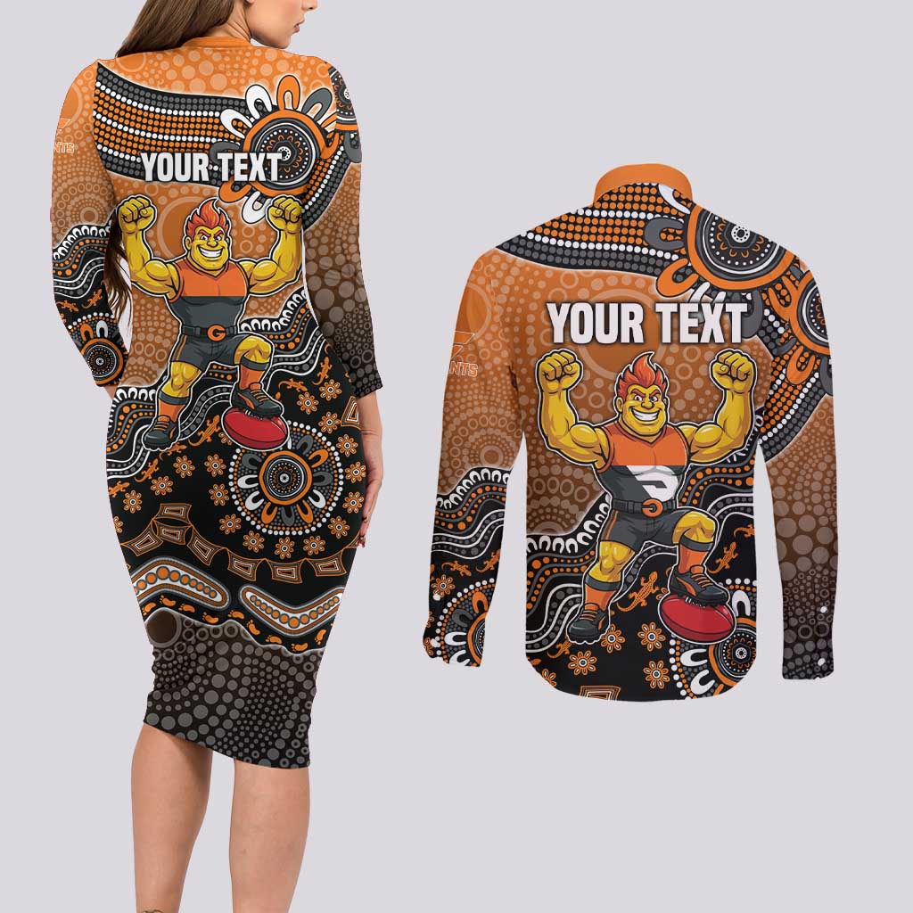 Personalized Giants Football Mascot Couples Matching Long Sleeve Bodycon Dress and Long Sleeve Button Shirt Aboriginal Dot Art Style Vibrant Indigenous Pattern Design