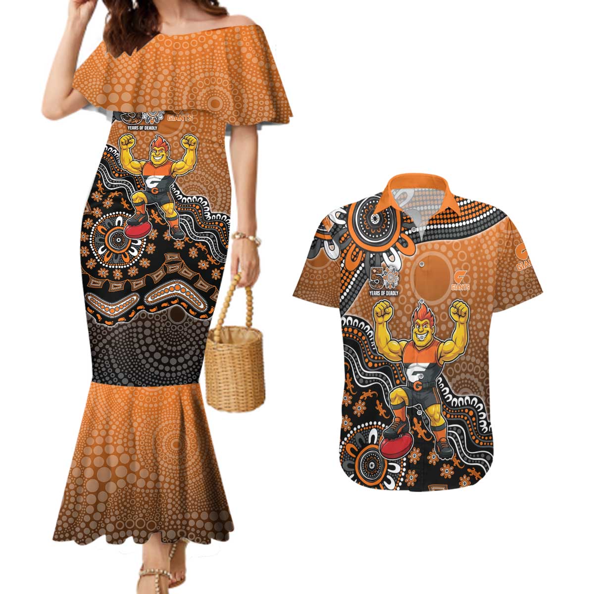 Personalized Giants Football Mascot Couples Matching Mermaid Dress and Hawaiian Shirt Aboriginal Dot Art Style Vibrant Indigenous Pattern Design
