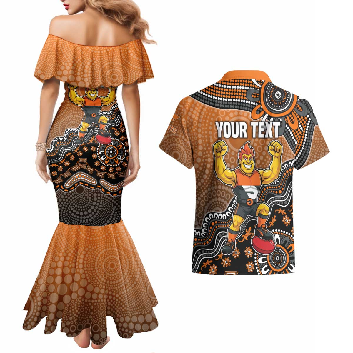 Personalized Giants Football Mascot Couples Matching Mermaid Dress and Hawaiian Shirt Aboriginal Dot Art Style Vibrant Indigenous Pattern Design