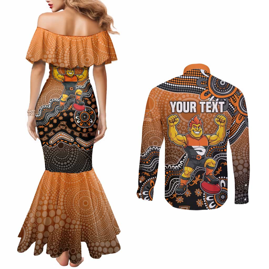 Personalized Giants Football Mascot Couples Matching Mermaid Dress and Long Sleeve Button Shirt Aboriginal Dot Art Style Vibrant Indigenous Pattern Design