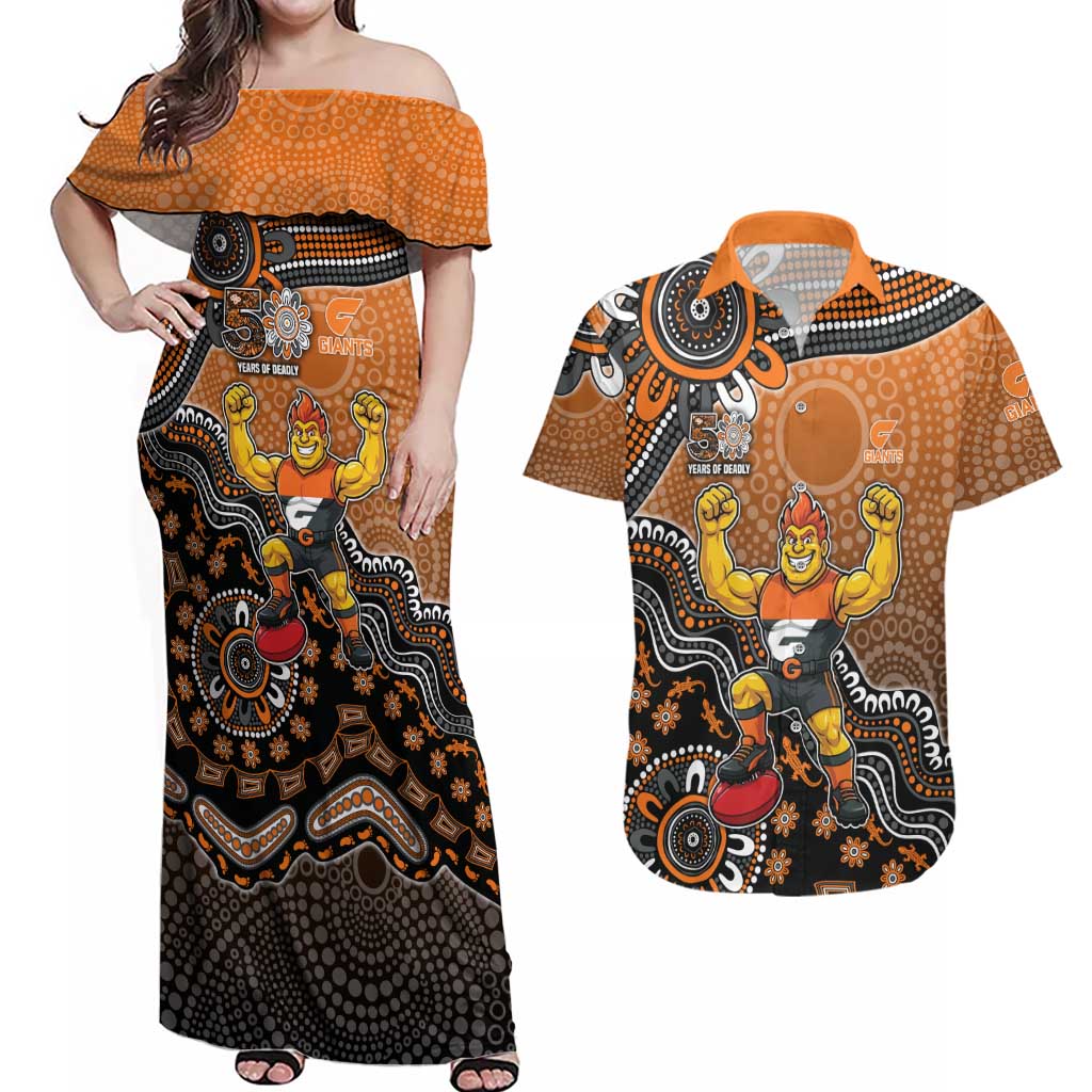 Personalized Giants Football Mascot Couples Matching Off Shoulder Maxi Dress and Hawaiian Shirt Aboriginal Dot Art Style Vibrant Indigenous Pattern Design