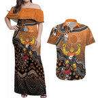 Personalized Giants Football Mascot Couples Matching Off Shoulder Maxi Dress and Hawaiian Shirt Aboriginal Dot Art Style Vibrant Indigenous Pattern Design