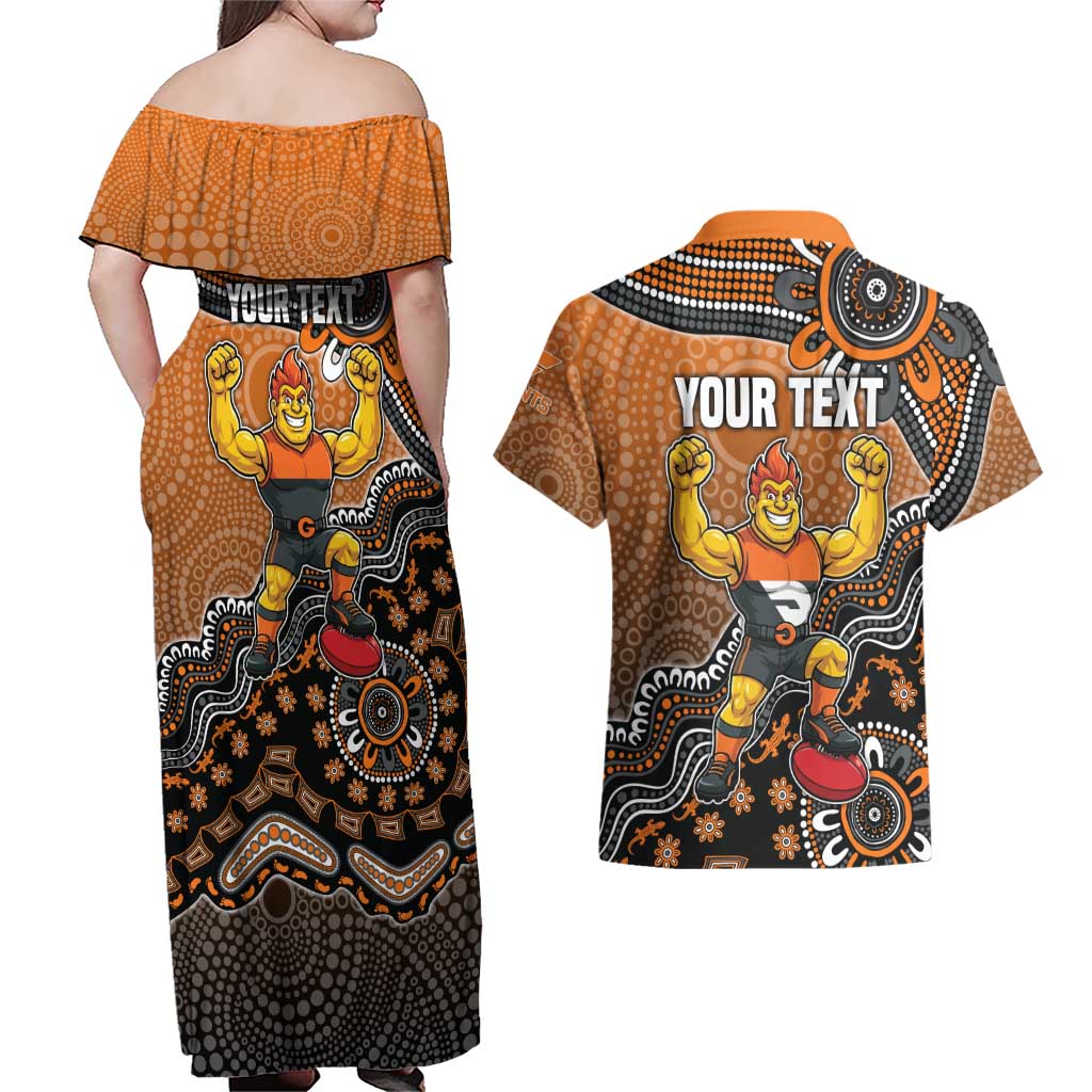 Personalized Giants Football Mascot Couples Matching Off Shoulder Maxi Dress and Hawaiian Shirt Aboriginal Dot Art Style Vibrant Indigenous Pattern Design
