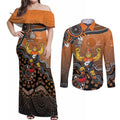 Personalized Giants Football Mascot Couples Matching Off Shoulder Maxi Dress and Long Sleeve Button Shirt Aboriginal Dot Art Style Vibrant Indigenous Pattern Design