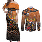 Personalized Giants Football Mascot Couples Matching Off Shoulder Maxi Dress and Long Sleeve Button Shirt Aboriginal Dot Art Style Vibrant Indigenous Pattern Design