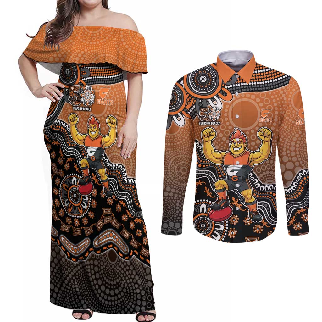 Personalized Giants Football Mascot Couples Matching Off Shoulder Maxi Dress and Long Sleeve Button Shirt Aboriginal Dot Art Style Vibrant Indigenous Pattern Design