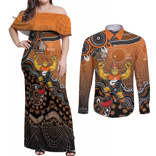 Personalized Giants Football Mascot Couples Matching Off Shoulder Maxi Dress and Long Sleeve Button Shirt Aboriginal Dot Art Style Vibrant Indigenous Pattern Design