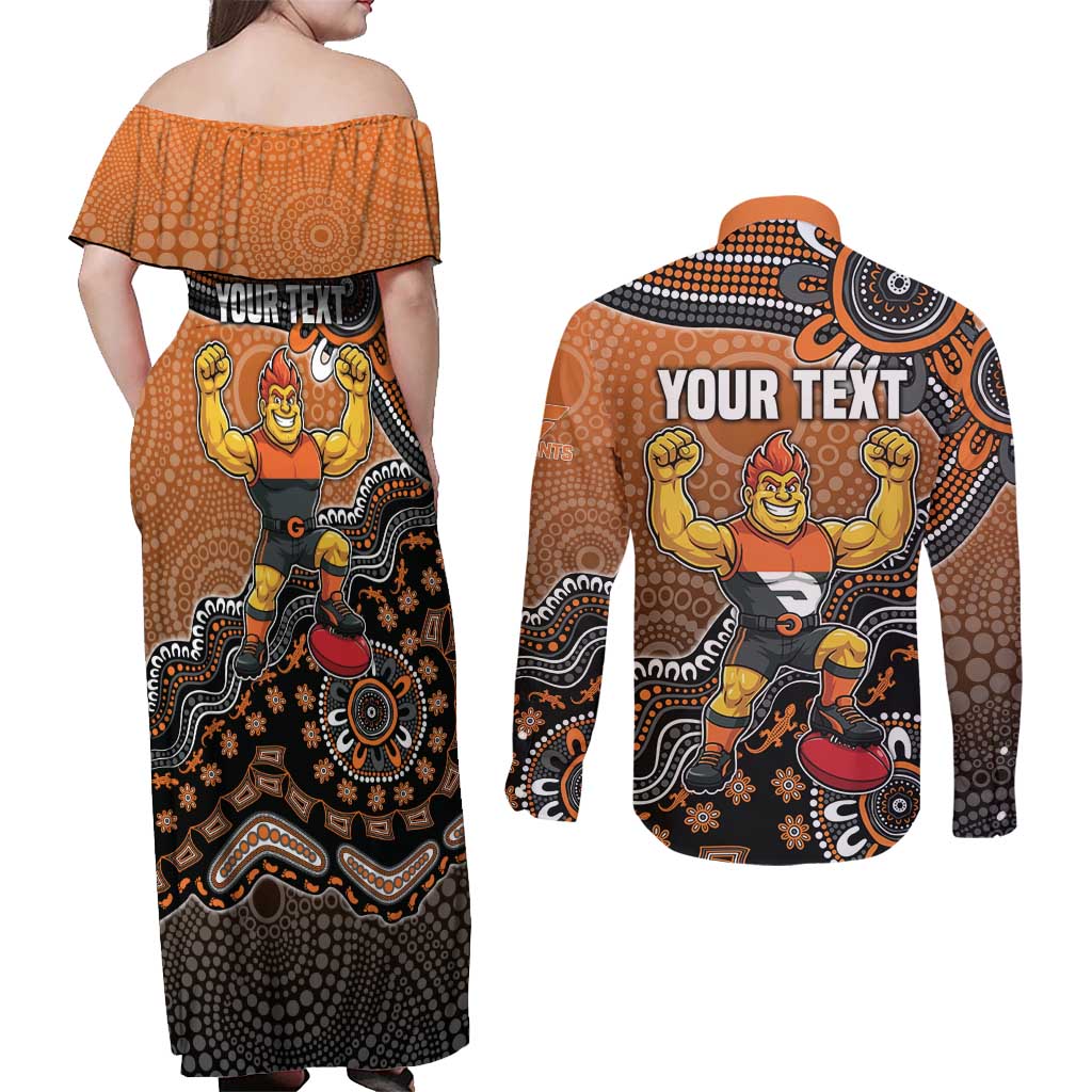 Personalized Giants Football Mascot Couples Matching Off Shoulder Maxi Dress and Long Sleeve Button Shirt Aboriginal Dot Art Style Vibrant Indigenous Pattern Design