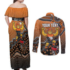 Personalized Giants Football Mascot Couples Matching Off Shoulder Maxi Dress and Long Sleeve Button Shirt Aboriginal Dot Art Style Vibrant Indigenous Pattern Design