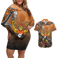 Personalized Giants Football Mascot Couples Matching Off Shoulder Short Dress and Hawaiian Shirt Aboriginal Dot Art Style Vibrant Indigenous Pattern Design