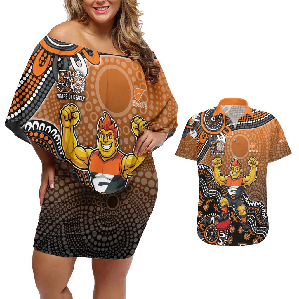 Personalized Giants Football Mascot Couples Matching Off Shoulder Short Dress and Hawaiian Shirt Aboriginal Dot Art Style Vibrant Indigenous Pattern Design
