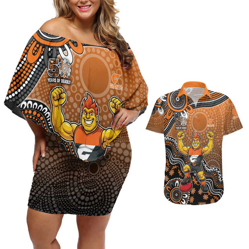 Personalized Giants Football Mascot Couples Matching Off Shoulder Short Dress and Hawaiian Shirt Aboriginal Dot Art Style Vibrant Indigenous Pattern Design