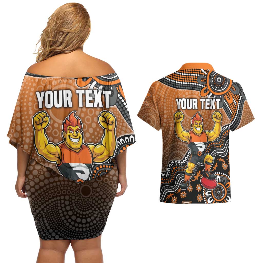 Personalized Giants Football Mascot Couples Matching Off Shoulder Short Dress and Hawaiian Shirt Aboriginal Dot Art Style Vibrant Indigenous Pattern Design