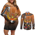 Personalized Giants Football Mascot Couples Matching Off Shoulder Short Dress and Long Sleeve Button Shirt Aboriginal Dot Art Style Vibrant Indigenous Pattern Design