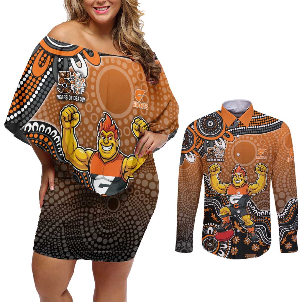 Personalized Giants Football Mascot Couples Matching Off Shoulder Short Dress and Long Sleeve Button Shirt Aboriginal Dot Art Style Vibrant Indigenous Pattern Design