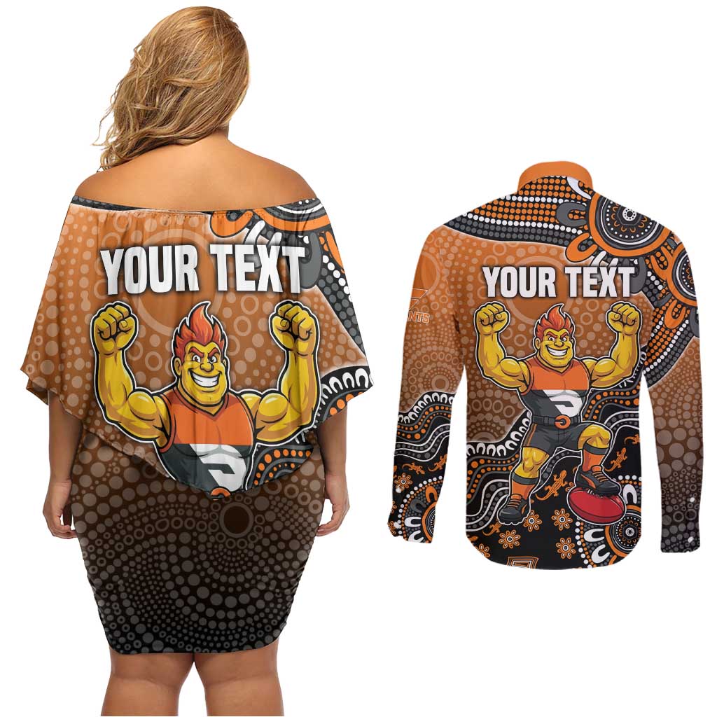 Personalized Giants Football Mascot Couples Matching Off Shoulder Short Dress and Long Sleeve Button Shirt Aboriginal Dot Art Style Vibrant Indigenous Pattern Design