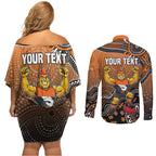 Personalized Giants Football Mascot Couples Matching Off Shoulder Short Dress and Long Sleeve Button Shirt Aboriginal Dot Art Style Vibrant Indigenous Pattern Design