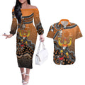Personalized Giants Football Mascot Couples Matching Off The Shoulder Long Sleeve Dress and Hawaiian Shirt Aboriginal Dot Art Style Vibrant Indigenous Pattern Design