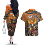 Personalized Giants Football Mascot Couples Matching Off The Shoulder Long Sleeve Dress and Hawaiian Shirt Aboriginal Dot Art Style Vibrant Indigenous Pattern Design