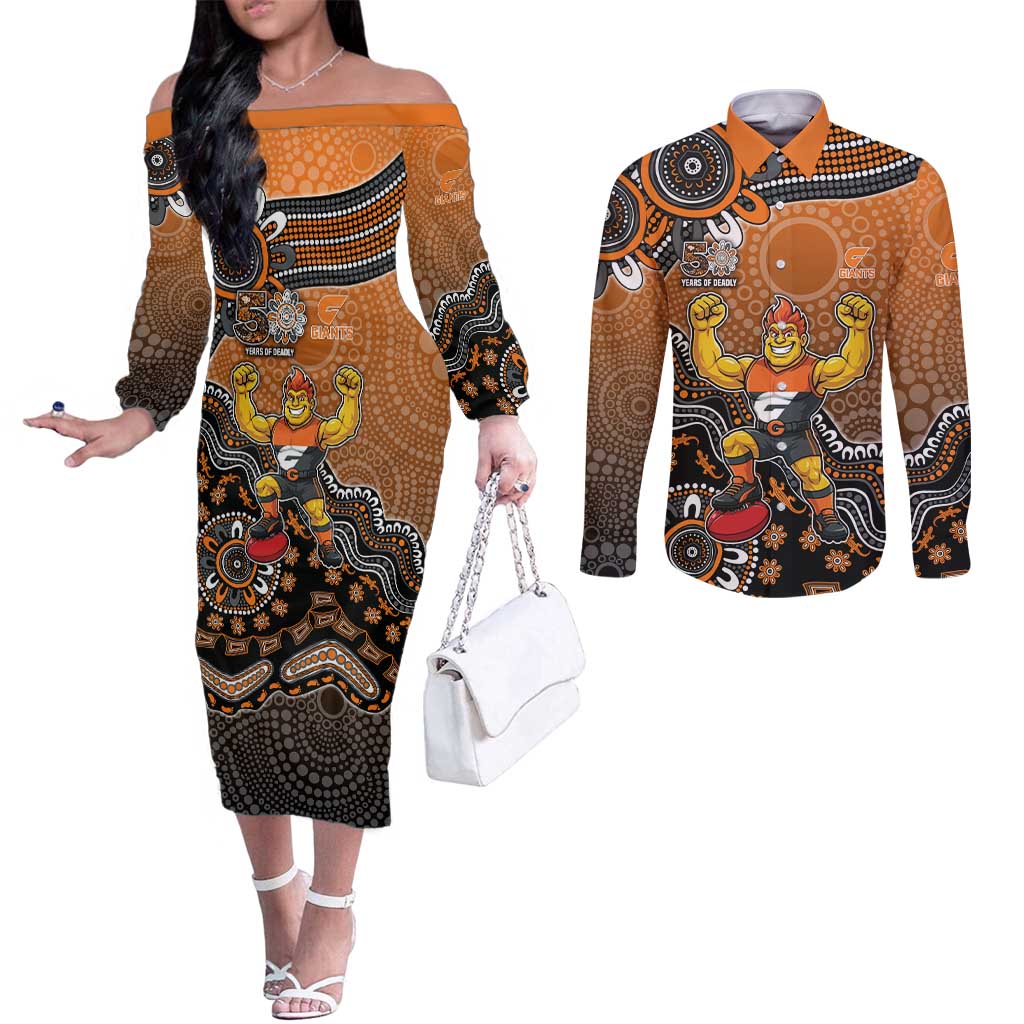 Personalized Giants Football Mascot Couples Matching Off The Shoulder Long Sleeve Dress and Long Sleeve Button Shirt Aboriginal Dot Art Style Vibrant Indigenous Pattern Design