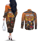 Personalized Giants Football Mascot Couples Matching Off The Shoulder Long Sleeve Dress and Long Sleeve Button Shirt Aboriginal Dot Art Style Vibrant Indigenous Pattern Design