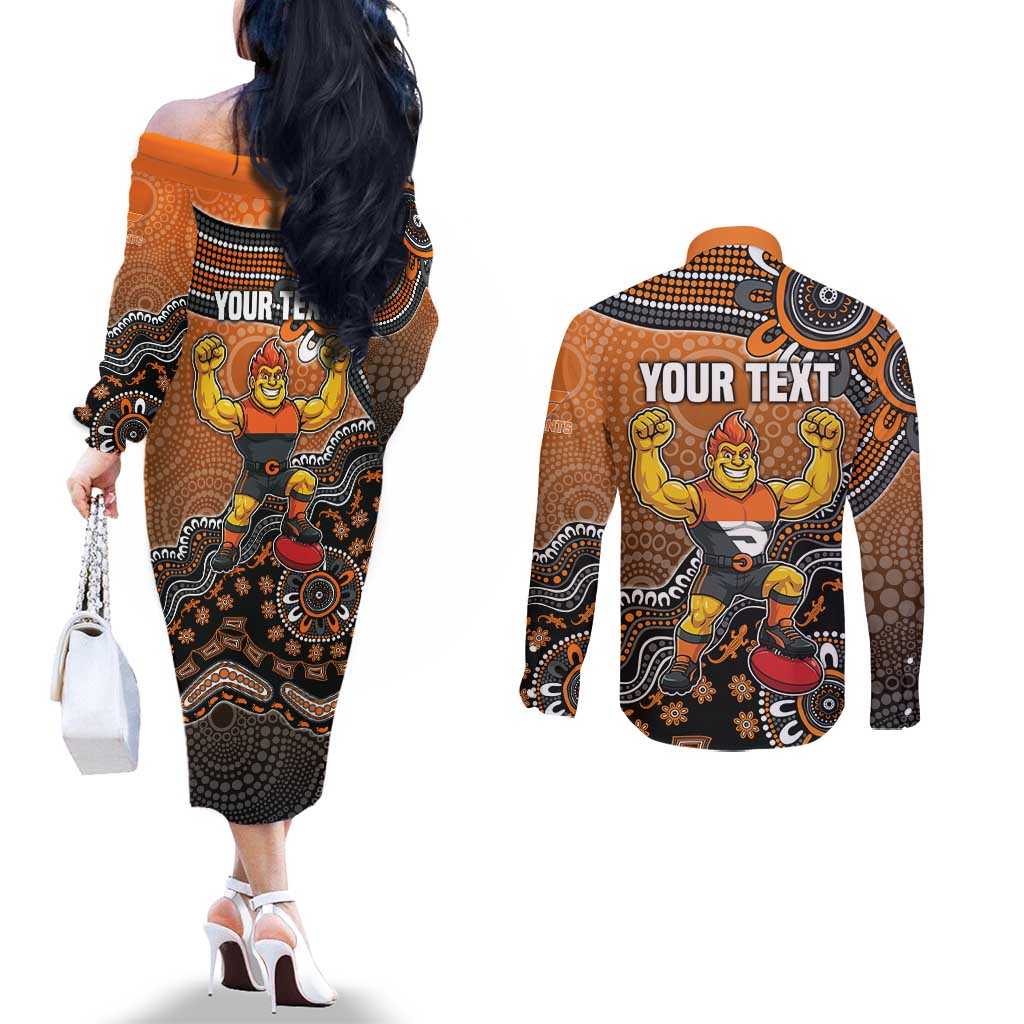 Personalized Giants Football Mascot Couples Matching Off The Shoulder Long Sleeve Dress and Long Sleeve Button Shirt Aboriginal Dot Art Style Vibrant Indigenous Pattern Design