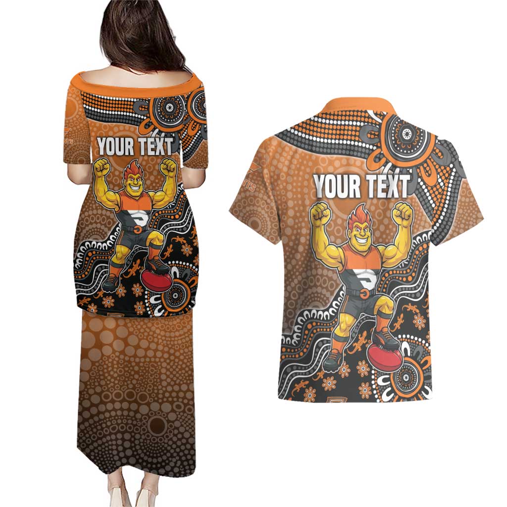 Personalized Giants Football Mascot Couples Matching Puletasi and Hawaiian Shirt Aboriginal Dot Art Style Vibrant Indigenous Pattern Design