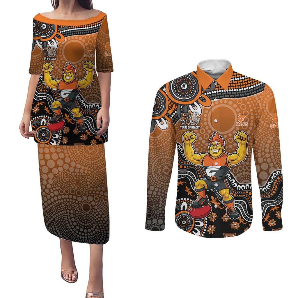 Personalized Giants Football Mascot Couples Matching Puletasi and Long Sleeve Button Shirt Aboriginal Dot Art Style Vibrant Indigenous Pattern Design