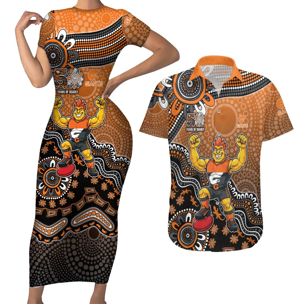 Personalized Giants Football Mascot Couples Matching Short Sleeve Bodycon Dress and Hawaiian Shirt Aboriginal Dot Art Style Vibrant Indigenous Pattern Design