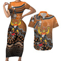 Personalized Giants Football Mascot Couples Matching Short Sleeve Bodycon Dress and Hawaiian Shirt Aboriginal Dot Art Style Vibrant Indigenous Pattern Design