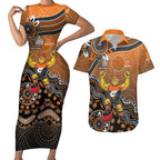 Personalized Giants Football Mascot Couples Matching Short Sleeve Bodycon Dress and Hawaiian Shirt Aboriginal Dot Art Style Vibrant Indigenous Pattern Design