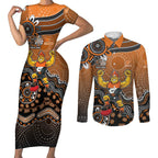 Personalized Giants Football Mascot Couples Matching Short Sleeve Bodycon Dress and Long Sleeve Button Shirt Aboriginal Dot Art Style Vibrant Indigenous Pattern Design