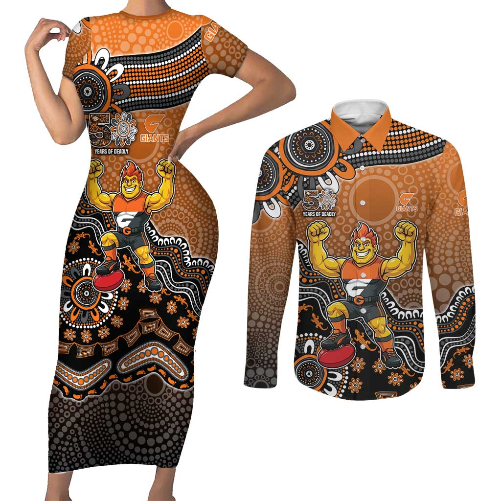 Personalized Giants Football Mascot Couples Matching Short Sleeve Bodycon Dress and Long Sleeve Button Shirt Aboriginal Dot Art Style Vibrant Indigenous Pattern Design