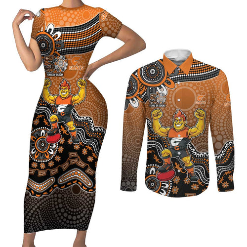 Personalized Giants Football Mascot Couples Matching Short Sleeve Bodycon Dress and Long Sleeve Button Shirt Aboriginal Dot Art Style Vibrant Indigenous Pattern Design