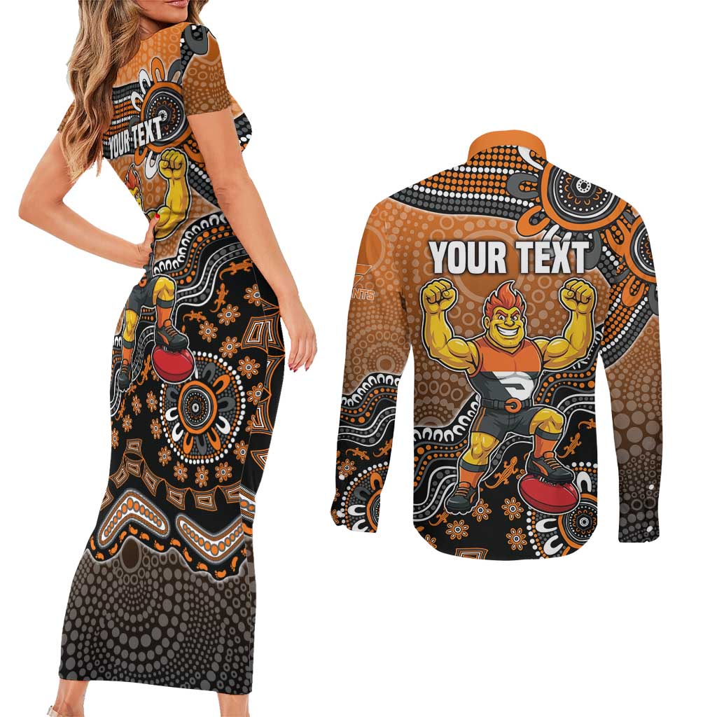 Personalized Giants Football Mascot Couples Matching Short Sleeve Bodycon Dress and Long Sleeve Button Shirt Aboriginal Dot Art Style Vibrant Indigenous Pattern Design
