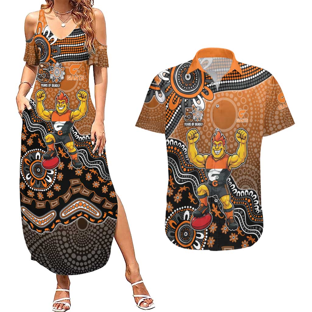 Personalized Giants Football Mascot Couples Matching Summer Maxi Dress and Hawaiian Shirt Aboriginal Dot Art Style Vibrant Indigenous Pattern Design