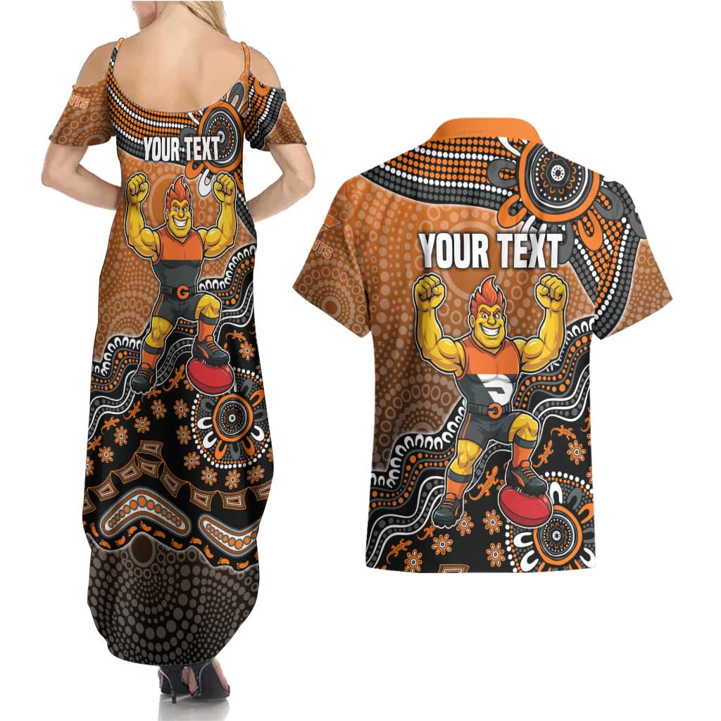 Personalized Giants Football Mascot Couples Matching Summer Maxi Dress and Hawaiian Shirt Aboriginal Dot Art Style Vibrant Indigenous Pattern Design