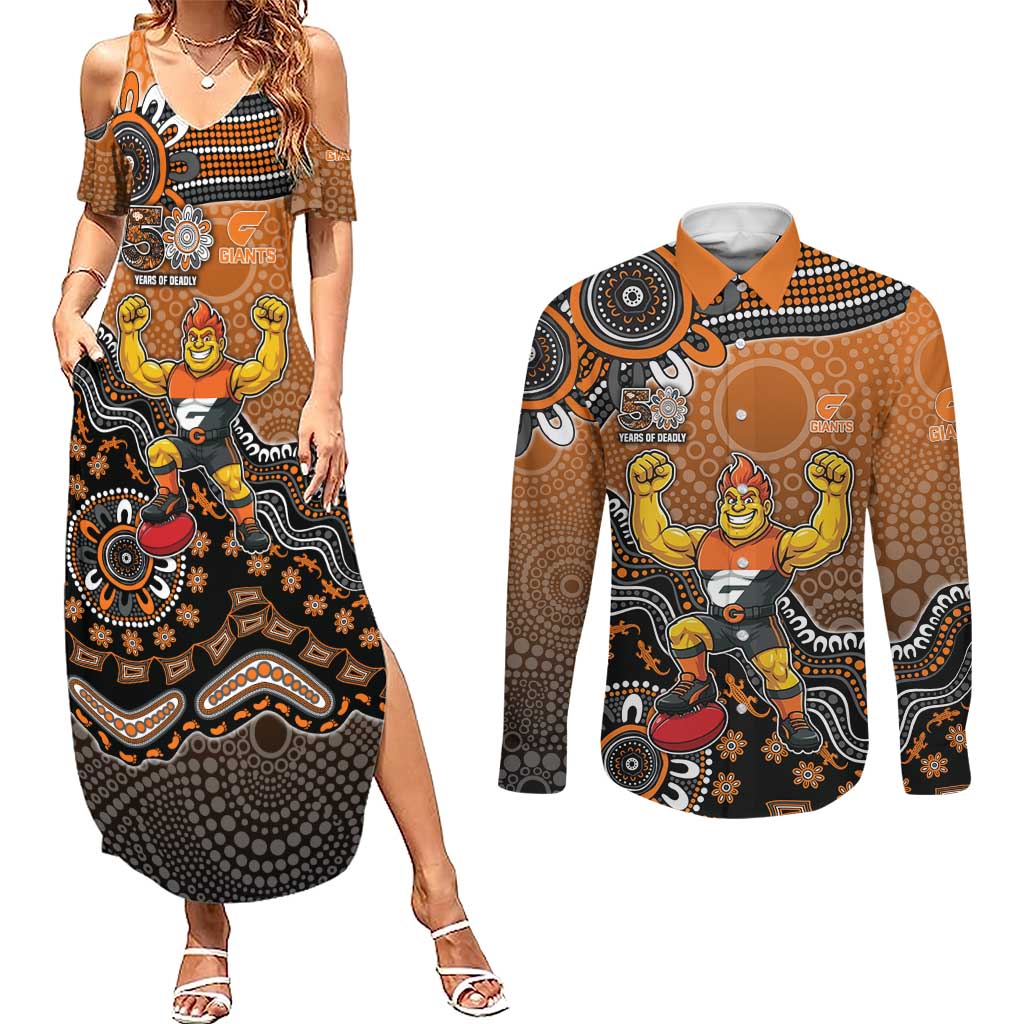 Personalized Giants Football Mascot Couples Matching Summer Maxi Dress and Long Sleeve Button Shirt Aboriginal Dot Art Style Vibrant Indigenous Pattern Design