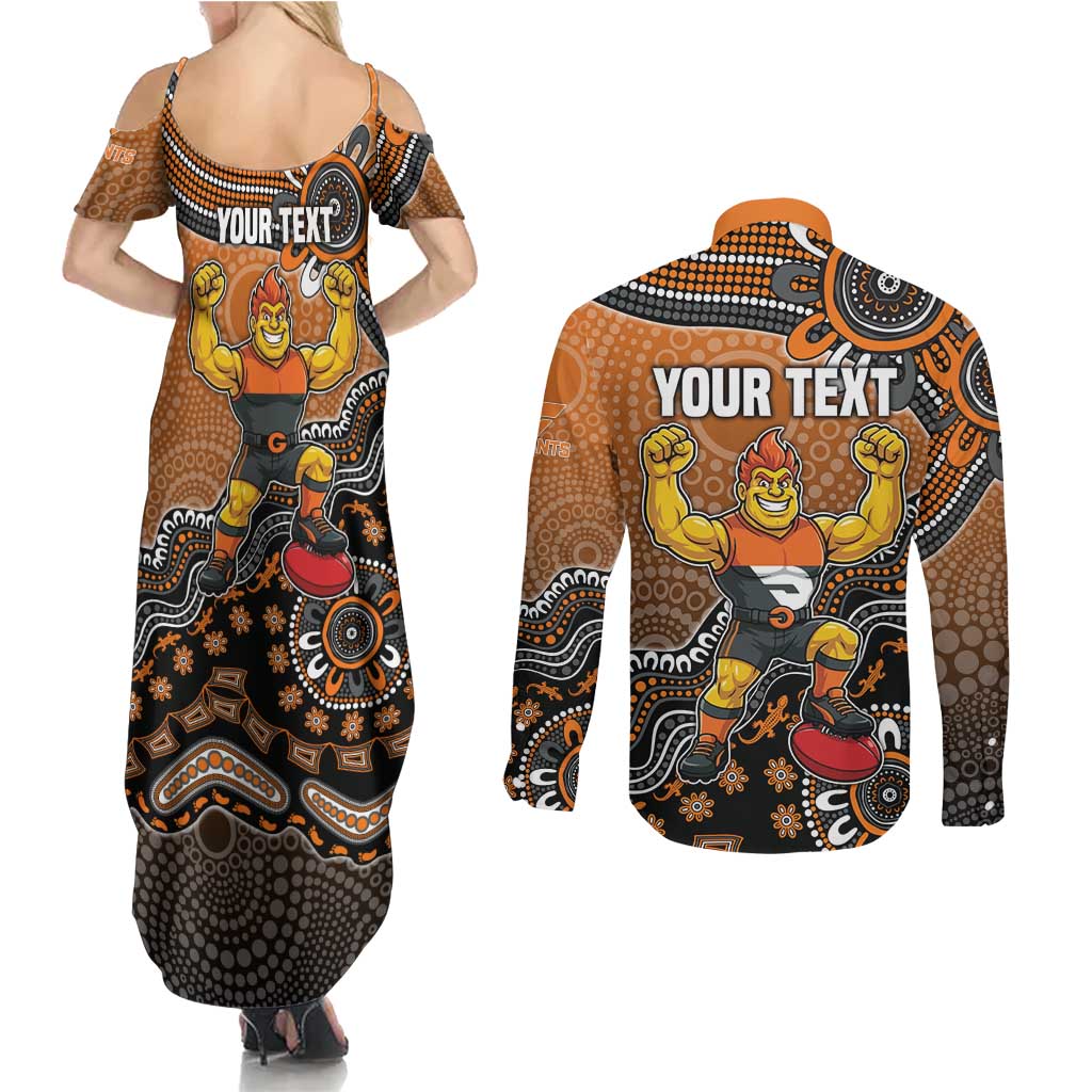 Personalized Giants Football Mascot Couples Matching Summer Maxi Dress and Long Sleeve Button Shirt Aboriginal Dot Art Style Vibrant Indigenous Pattern Design